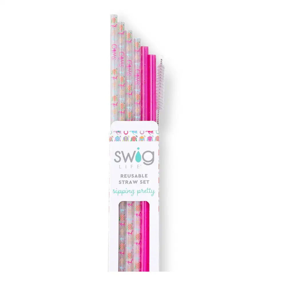 Go Baby Go + Pink Glitter Reusable Straw Set