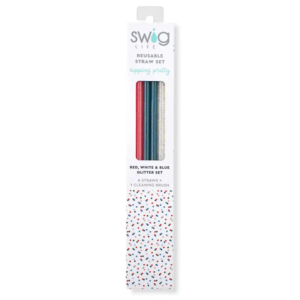 Red, White & Blue Glitter Reusable Straw Set